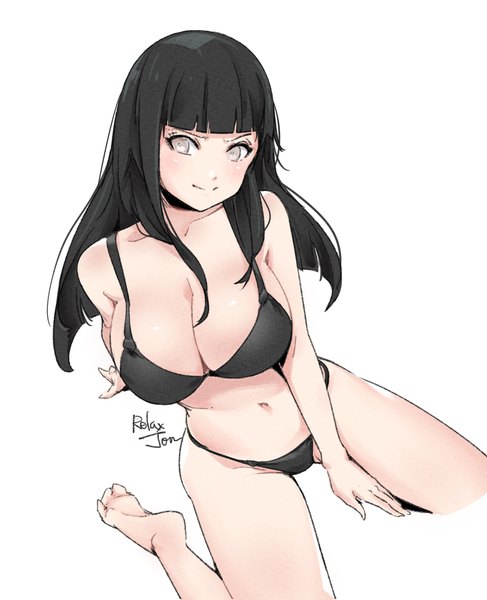 Anime picture 1506x1857 with naruto studio pierrot naruto (series) hyuuga hinata relaxjon single long hair tall image looking at viewer blush fringe breasts light erotic black hair simple background smile large breasts white background sitting signed