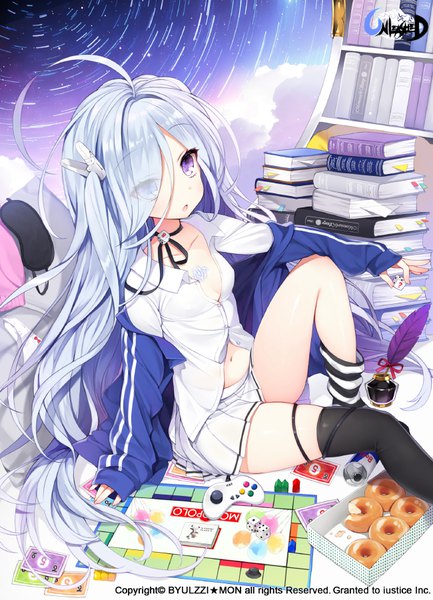 Anime picture 650x900 with unleashed byulzzimon single tall image looking at viewer fringe open mouth light erotic purple eyes blue hair ahoge very long hair pleated skirt hair over one eye official art loli different thighhighs game girl thighhighs