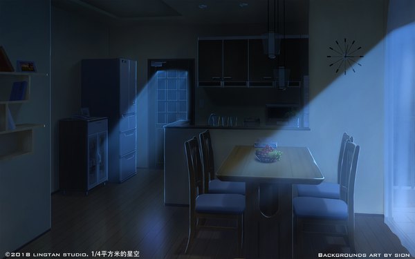 Anime picture 1536x960 with original sion005 signed indoors inscription night no people 2018 plant (plants) food window book (books) chair table fruit clock berry (berries) shelf glass bookshelf