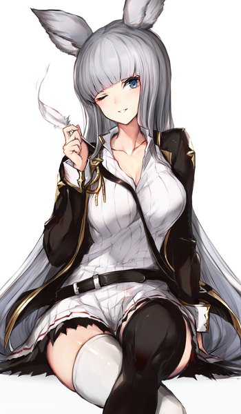 Anime picture 1050x1800 with granblue fantasy korwa (granblue fantasy) watao single long hair tall image looking at viewer fringe blue eyes simple background white background sitting animal ears blunt bangs head tilt one eye closed grey hair wink crossed legs different thighhighs