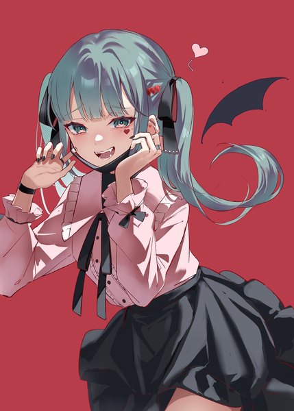 Anime picture 1463x2048 with vocaloid vampire (vocaloid) hatsune miku murumuru (pixiv51689952) single long hair tall image fringe open mouth simple background twintails blunt bangs nail polish :d aqua eyes aqua hair red background black nail polish mask pull girl