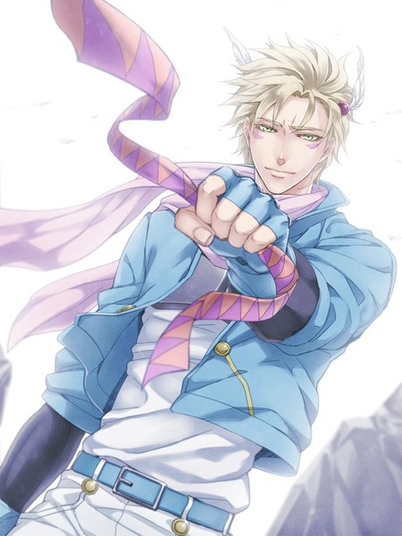 Anime picture 800x1067 with jojo no kimyou na bouken caesar anthonio zeppeli ichi-be single tall image looking at viewer short hair simple background blonde hair standing white background holding green eyes wind open jacket facial mark boy gloves ribbon (ribbons) jacket