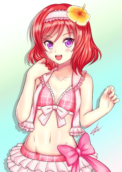 イラスト 744x1052 と ラブライブ! サンライズ love live! 西木野真姫 kelinch1 ソロ 長身像 カメラ目線 赤面 前髪 短い髪 開いた口 light erotic simple background 笑顔 hair between eyes 紫目 肩出し signed upper body