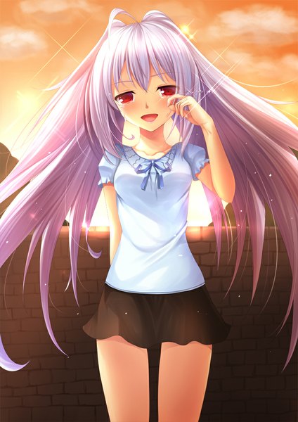 Anime picture 778x1100 with plastic memories isla (plastic memories) toshi (1-147) single long hair tall image looking at viewer blush open mouth red eyes white hair tears happy tears girl skirt