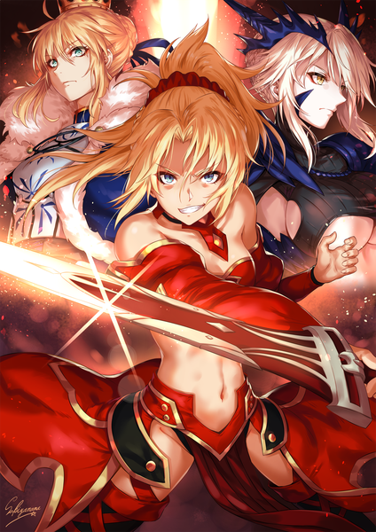 Anime picture 1200x1697 with fate (series) fate/grand order artoria pendragon (all) saber mordred (fate) artoria pendragon (lancer alter) sakiyamama long hair tall image looking at viewer fringe short hair breasts blue eyes light erotic blonde hair smile hair between eyes large breasts standing