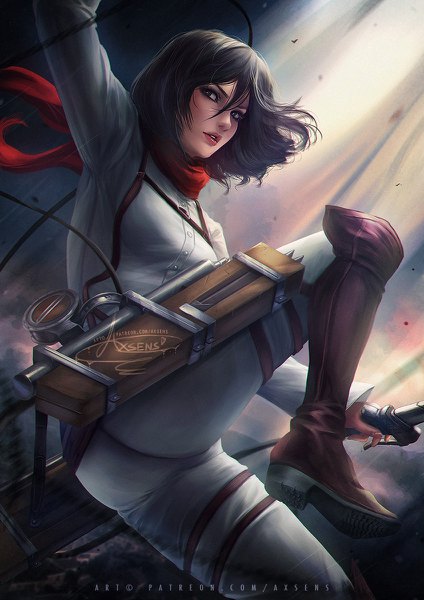 Anime picture 848x1200 with shingeki no kyojin production i.g mikasa ackerman axsen single tall image blush short hair light erotic black hair holding signed looking away bent knee (knees) ass parted lips arm up realistic grey eyes lipstick