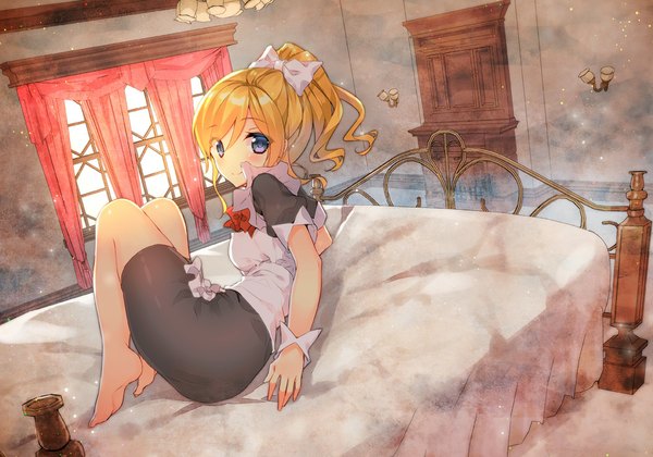 Anime picture 1000x701 with love live! school idol project sunrise (studio) love live! ayase eli yadapot single long hair looking at viewer blush blue eyes blonde hair smile sitting ponytail indoors barefoot maid turning head girl dress