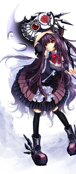 Anime picture 507x1155 with original okuma mai single long hair tall image red eyes animal ears purple hair cat ears loli girl thighhighs dress weapon black thighhighs boots