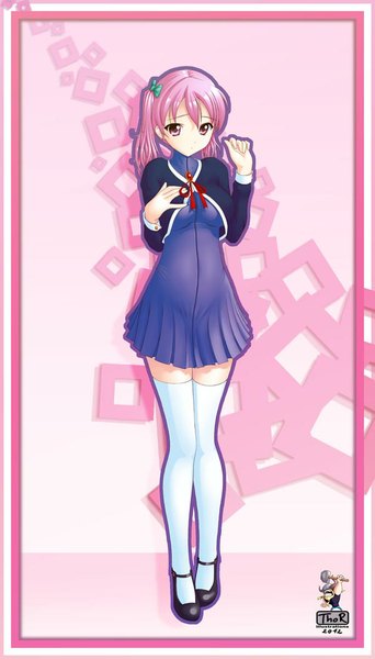 Anime picture 600x1050 with evilflesh (artist) single tall image short hair pink hair pink eyes girl thighhighs uniform school uniform white thighhighs