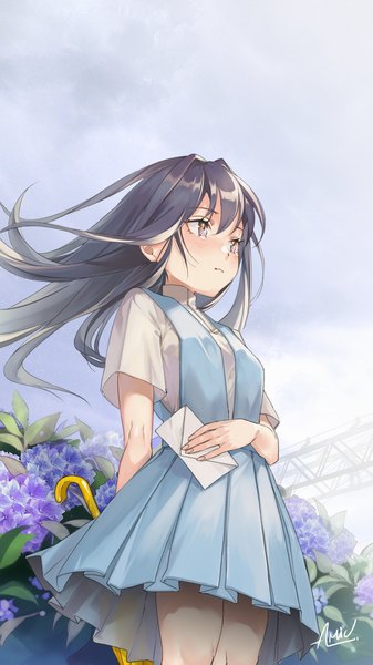 Anime picture 2480x4409 with original almic single long hair tall image blush fringe highres black hair hair between eyes standing holding brown eyes signed sky cloud (clouds) outdoors pleated skirt wind arm behind back