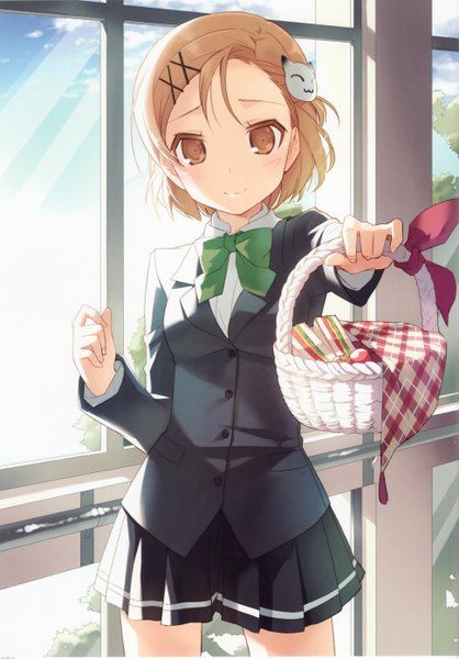 Anime picture 1940x2781 with accel world sunrise (studio) kurashima chiyuri h2so4 single tall image looking at viewer blush fringe highres short hair smile brown hair standing brown eyes cloud (clouds) pleated skirt embarrassed :3 girl