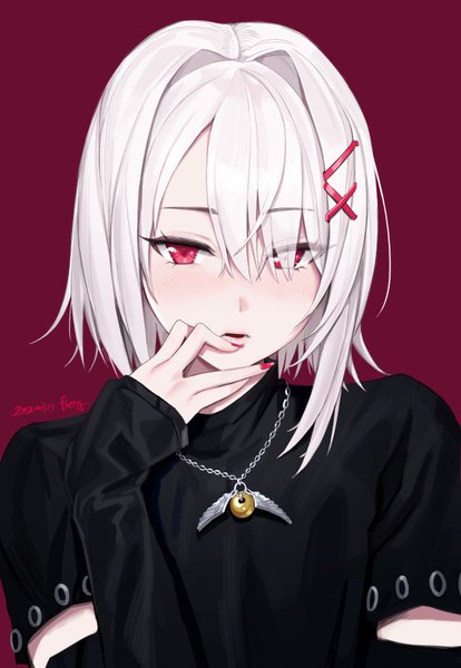 Anime picture 580x840 with original freng single tall image looking at viewer blush fringe short hair open mouth simple background red eyes signed upper body white hair long sleeves nail polish hair over one eye dated sleeves past wrists portrait