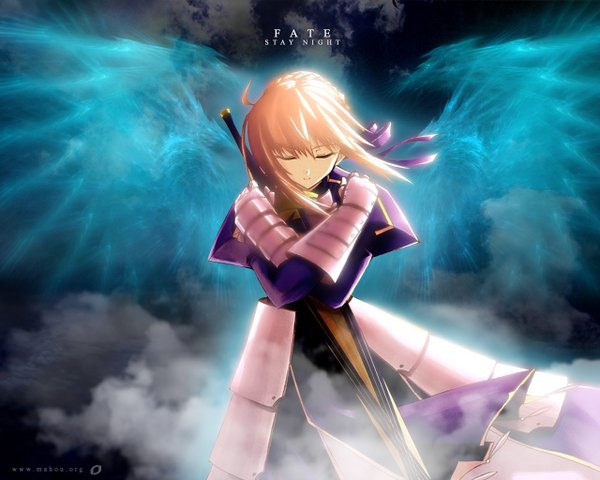 Anime picture 1280x1024 with fate (series) fate/stay night studio deen type-moon artoria pendragon (all) saber shingo (missing link) single short hair blonde hair cloud (clouds) eyes closed third-party edit girl ribbon (ribbons) hair ribbon sword wings armor