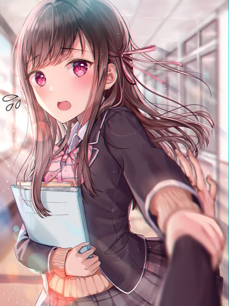 Anime picture 1536x2048 with original sakura (39ra) long hair tall image looking at viewer blush fringe open mouth brown hair standing holding long sleeves pink eyes blurry depth of field lens flare plaid skirt solo focus pov arm grab