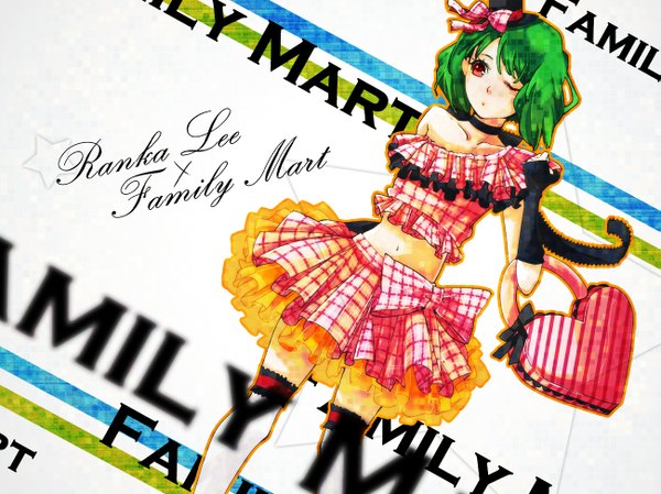 Anime picture 1299x974 with macross macross frontier ranka lee single short hair simple background red eyes white background bare shoulders brown eyes one eye closed green hair wink inscription girl thighhighs skirt gloves navel bow
