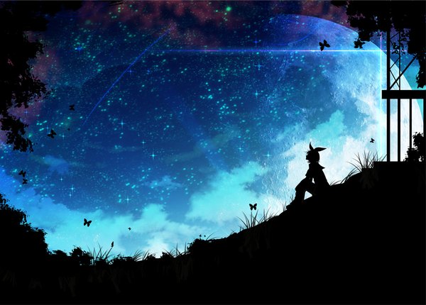 Anime picture 1007x722 with vocaloid kagamine rin mokoppe single short hair sitting profile night wallpaper night sky silhouette girl bow plant (plants) hair bow tree (trees) insect butterfly grass full moon