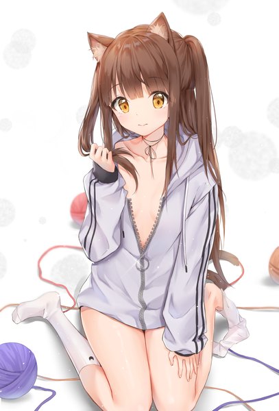 Anime picture 1500x2212 with original cuna (qunya) single long hair tall image looking at viewer blush fringe breasts light erotic simple background brown hair white background sitting animal ears yellow eyes payot full body tail blunt bangs