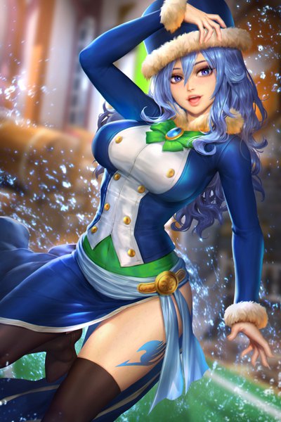 Anime picture 2400x3597 with fairy tail juvia lockser nudtawut thongmai single long hair tall image looking at viewer fringe highres breasts open mouth blue eyes light erotic smile hair between eyes large breasts standing blue hair long sleeves head tilt