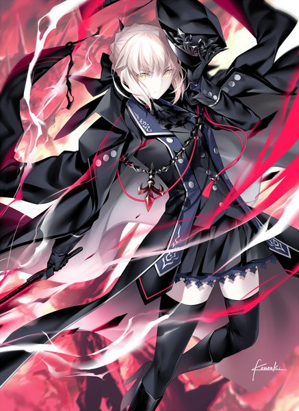 Anime picture 650x891 with fate (series) fate/grand order artoria pendragon (all) saber alter kousaki rui single tall image looking at viewer fringe short hair hair between eyes holding signed yellow eyes payot silver hair braid (braids) blurry open jacket high heels