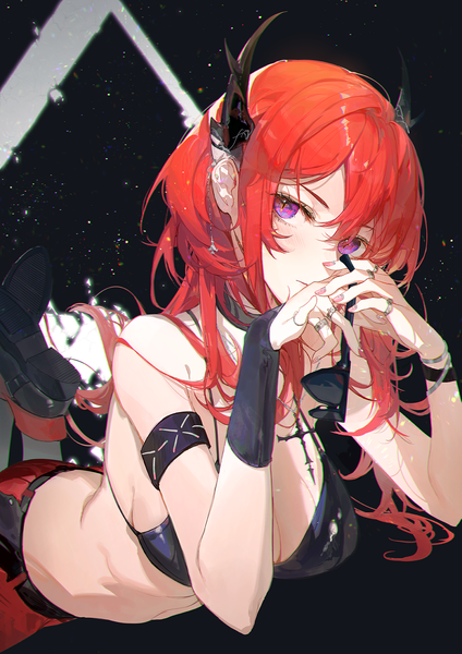 Anime picture 1200x1699 with arknights surtr (arknights) kuroduki (pieat) single long hair tall image looking at viewer fringe breasts light erotic hair between eyes large breasts purple eyes holding red hair lying nail polish head tilt horn (horns) fingernails