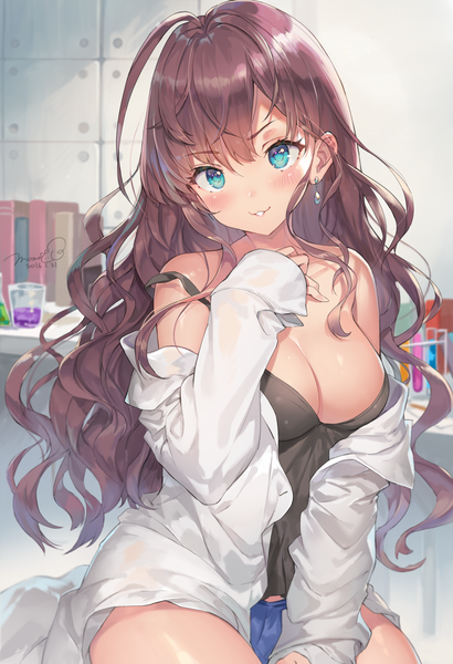 Anime picture 900x1315 with idolmaster idolmaster cinderella girls ichinose shiki momoko (momopoco) single long hair tall image looking at viewer blush breasts blue eyes light erotic brown hair large breasts bare shoulders signed ahoge dated wavy hair :3