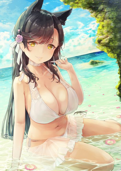 Anime picture 2000x2833 with azur lane atago (azur lane) atago (midsummer march) (azur lane) peppe single tall image looking at viewer blush fringe highres breasts light erotic black hair smile hair between eyes large breasts sitting bare shoulders holding animal ears
