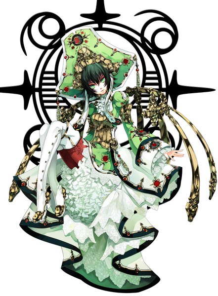 Anime picture 1354x1841 with trinity blood gonzo seth nightroad osamu (jagabata) single tall image short hair black hair smile sitting green eyes multicolored hair androgynous thighhighs dress hat white thighhighs boots frills headdress