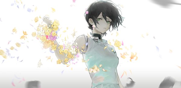Anime picture 1851x897 with chainsaw man mappa reze (chainsaw man) koio single looking at viewer fringe highres short hair black hair hair between eyes wide image green eyes upper body sleeveless girl flower (flowers)
