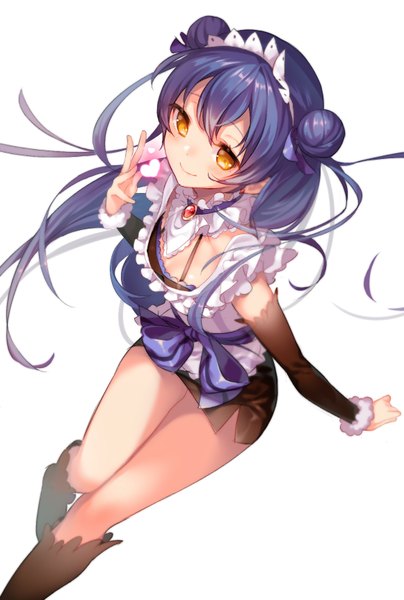Anime picture 581x861 with love live! school idol project sunrise (studio) love live! sonoda umi pekoo (pekota) single long hair tall image fringe simple background smile white background yellow eyes blue hair hair bun (hair buns) outstretched arm side slit girl skirt bow