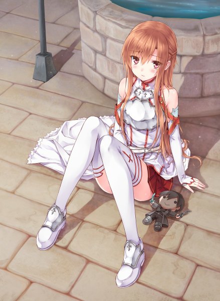 Anime picture 878x1200 with sword art online a-1 pictures yuuki asuna hiten (hitenkei) single long hair tall image looking at viewer blush brown hair sitting bare shoulders brown eyes shadow girl thighhighs detached sleeves white thighhighs toy stuffed animal