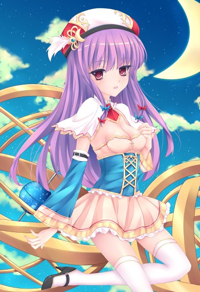 Anime picture 824x1200 with touhou patchouli knowledge fred0092 single long hair tall image blush open mouth purple eyes purple hair cloud (clouds) crescent girl thighhighs dress bow hair bow hat detached sleeves white thighhighs
