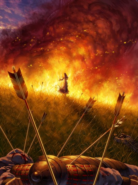 Anime picture 1500x2000 with touhou mononobe no futo om (carbohydratism) long hair tall image brown hair sky long sleeves smoke scenic field warrior murder girl plant (plants) hat armor grass fire helmet
