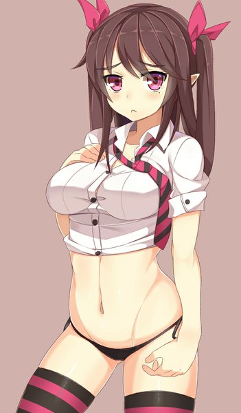 Anime picture 620x1060 with touhou himekaidou hatate ashu single long hair tall image looking at viewer blush light erotic simple background brown hair twintails pink eyes pointy ears bare belly sad girl thighhighs navel underwear