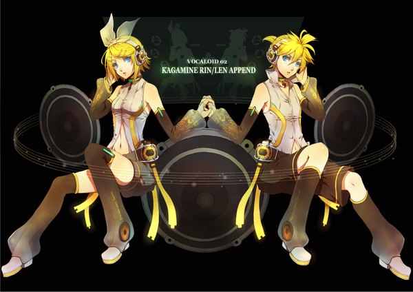 Anime picture 3507x2480 with vocaloid vocaloid append kagamine rin kagamine len kagamine rin (append) kagamine len (append) senano-yu highres short hair blue eyes blonde hair sitting absurdres full body inscription wallpaper holding hands black background twins girl