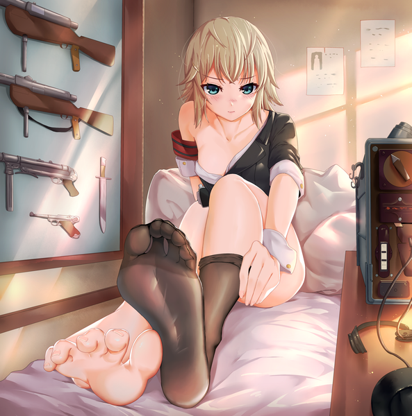 Anime picture 3000x3033 with girls frontline mp41 (girls' frontline) dankesang single long hair tall image looking at viewer fringe highres breasts blue eyes light erotic blonde hair full body indoors blunt bangs barefoot off shoulder soles pov feet