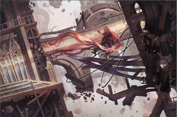 Anime picture 1505x996 with vocaloid megurine luka zxq single open mouth standing pink hair eyes closed very long hair wind outstretched arm ruins singing destruction girl belt headphones building (buildings) wire (wires) stone (stones)