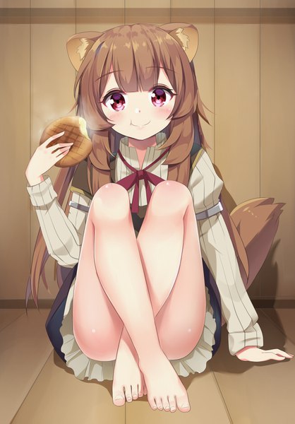 Anime picture 651x935 with tate no yuusha no nariagari kinema citrus raphtalia agung syaeful anwar single long hair tall image looking at viewer blush fringe light erotic smile brown hair sitting holding animal ears full body bent knee (knees) indoors tail