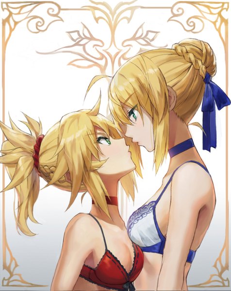 Anime picture 836x1054 with fate (series) fate/grand order fate/stay night artoria pendragon (all) saber mordred (fate) tonee tall image blush fringe short hair breasts light erotic blonde hair simple background hair between eyes bare shoulders multiple girls green eyes payot