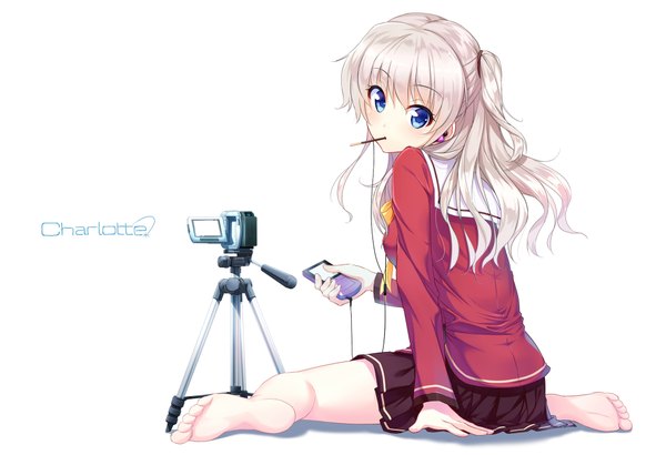 Anime picture 2000x1368 with charlotte p.a. works tomori nao nijihashi sora single long hair blush fringe highres blue eyes simple background white background sitting holding silver hair bent knee (knees) pleated skirt looking back barefoot shadow