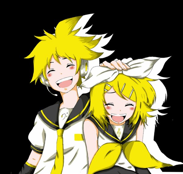 Anime picture 1100x1045 with vocaloid kagamine rin kagamine len blush short hair open mouth simple background blonde hair eyes closed black background laughing girl boy hair ornament bow hair bow necktie hairclip headphones sailor suit