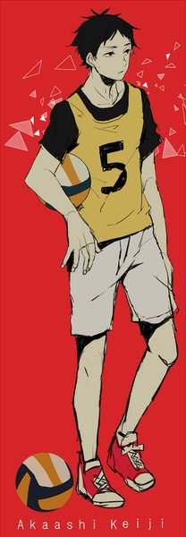 Anime picture 388x1116 with haikyuu!! production i.g akaashi keiji mii (sogemasaru) single tall image short hair black hair simple background standing looking away full body bent knee (knees) black eyes character names red background volleyball boy uniform gym uniform