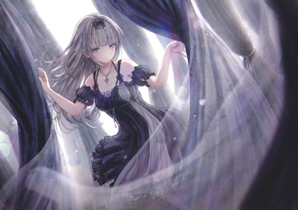 Anime picture 1842x1302 with original missle228 single long hair fringe highres breasts standing purple eyes bare shoulders silver hair blunt bangs dutch angle frilled dress gothic girl dress bow hair bow detached sleeves
