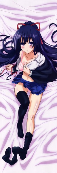 Anime picture 2421x7320 with date a live yatogami tooka long hair tall image blush highres light erotic purple eyes blue hair ponytail scan open clothes pantyshot open shirt dakimakura (medium) girl thighhighs skirt uniform underwear