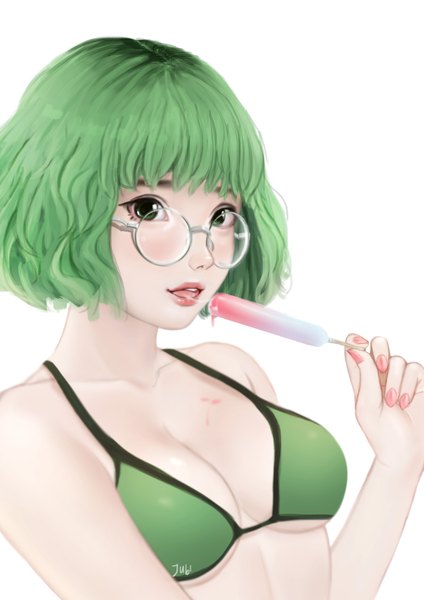 Anime picture 2480x3508 with original momo (jubi) jubi (regiana) single tall image looking at viewer fringe highres short hair light erotic simple background white background bare shoulders holding green eyes signed upper body nail polish parted lips green hair