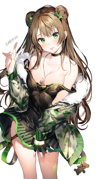 Anime picture 1748x3195 with girls frontline rfb (girls frontline) umibouzu (niito) single long hair tall image looking at viewer blush fringe highres breasts light erotic simple background hair between eyes brown hair standing white background bare shoulders green eyes cleavage