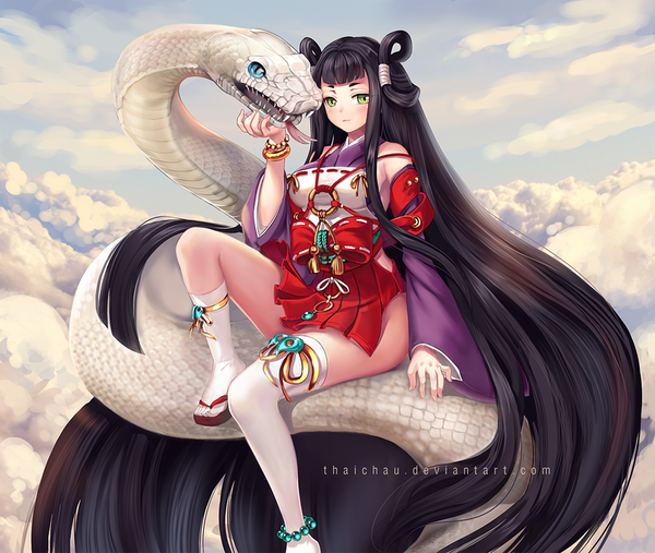 Anime picture 900x761 with original riiya (mabong1989) single looking at viewer blush fringe breasts light erotic black hair sitting bare shoulders green eyes signed payot sky cloud (clouds) blunt bangs very long hair traditional clothes japanese clothes