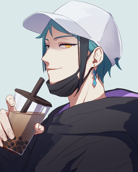 Anime picture 800x1000 with twisted wonderland jade leech dodoss dont single tall image looking at viewer short hair simple background smile yellow eyes upper body multicolored hair aqua hair two-tone hair streaked hair heterochromia blue background mask pull boy hood