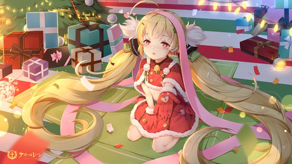 Anime picture 2000x1126 with azur lane eldridge (azur lane) eldridge (holy night's embrace) (azur lane) maya g single highres blonde hair red eyes wide image twintails ahoge very long hair from above official art christmas outstretched hand girl gloves ribbon (ribbons) gift