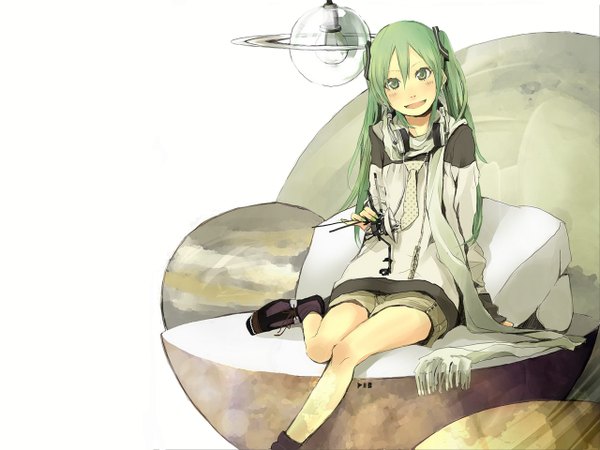Anime picture 1280x960 with vocaloid hatsune miku yoshito (u10) single long hair blush open mouth simple background smile white background sitting twintails green eyes nail polish green hair headphones around neck girl necktie headphones scarf