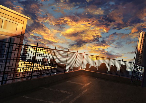 Anime-Bild 1754x1240 mit original yingsu jiang highres sky cloud (clouds) no people landscape morning sunrise building (buildings) fence roof chain-link fence